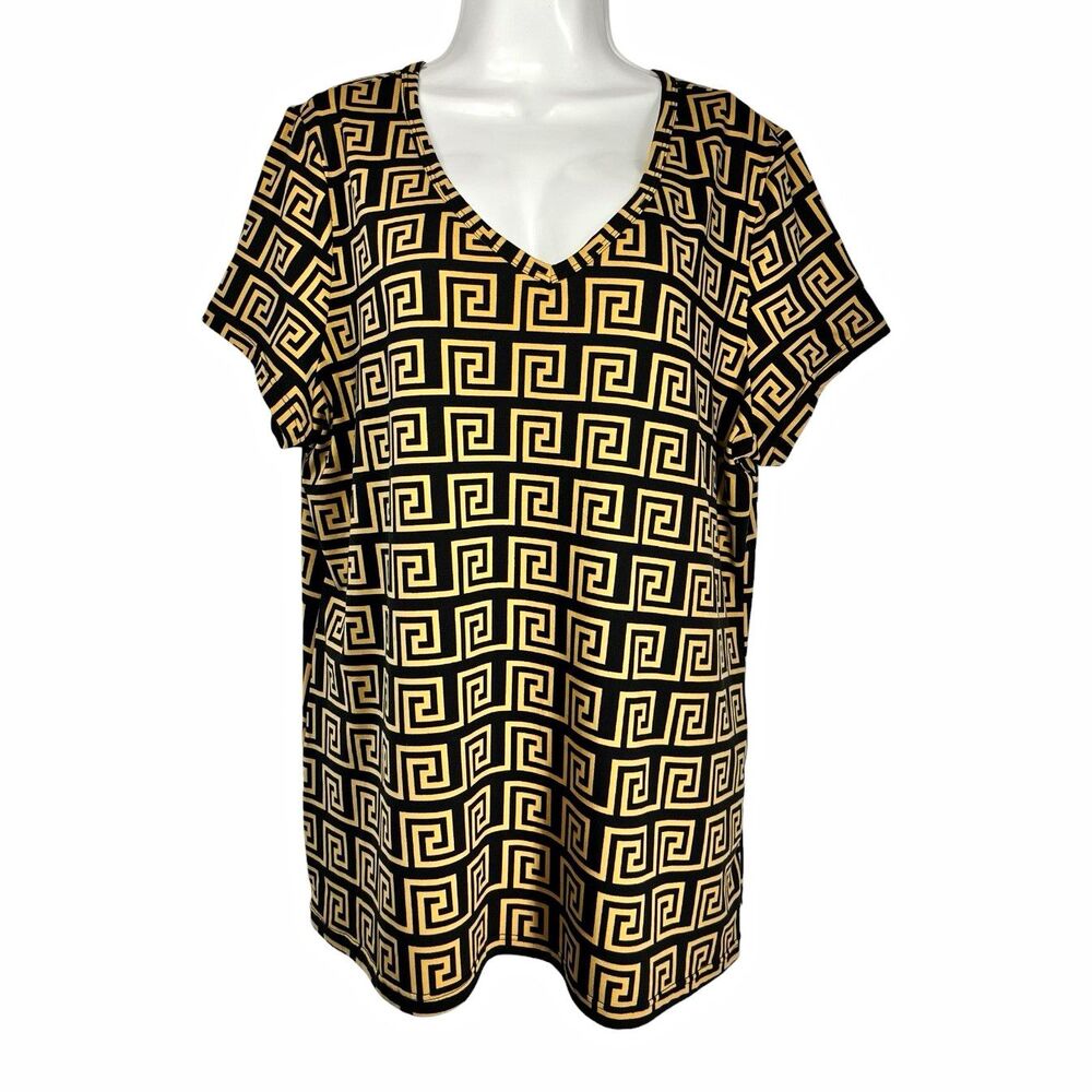 Jolie & Joy Blouse Plus 3X Black Beige Geometric V-Neck Short Sleeve T-shirt Top
